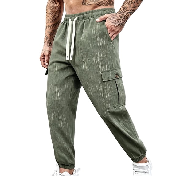 JUUYY Men's Multi-Pocket Cargo Pants Loose Fit Elastic Waist Drawstring Jogger Pants Outdoor Hiking Travel Casual Long Trousers Army Green XXXL