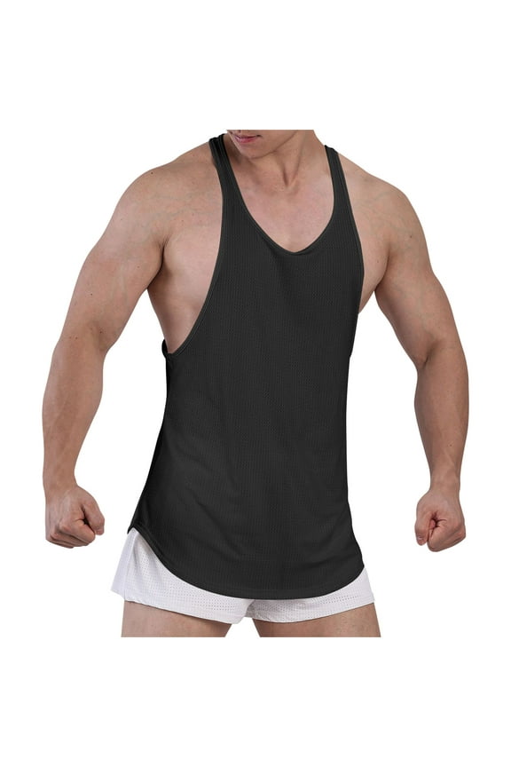 Men's Muscle Cut Off Gym Workout Stringer Tank Tops Bodybuilding Fitness T-Shirts Summer Sleeveless Tees Black XXXL