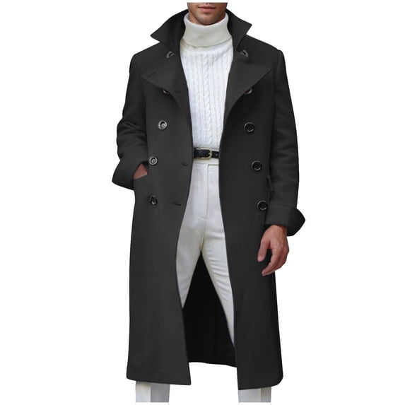 JUUYY Men's Notch Lapel Double Breasted Long Trench Coat Casual Cotton Blend Solid Color Trebdy Winter Warm Peacoat Black S