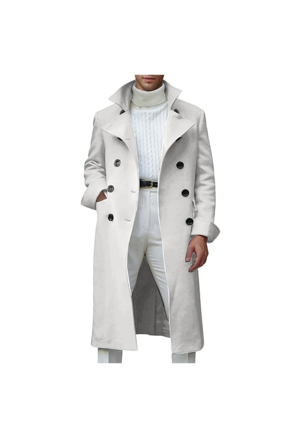 Men's Notch Lapel Double Breasted Long Trench Coat Casual Cotton Blend Solid Color Trebdy Winter Warm Peacoat White XXL