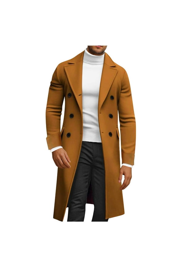 Men's Notch Lapel Double Breasted Long Trench Coat Casual Cotton Blend Solid Color Winter m Peacoat Yellow M