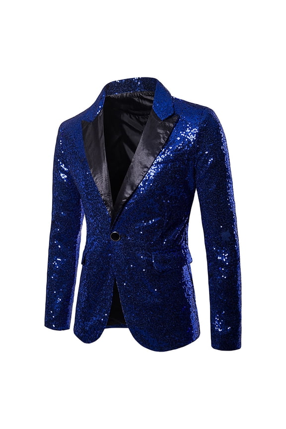 Men's One Button Sequin Dress Suit Jacket Party Long Sleeve Fashion Festival Tuxedo Sport Coat Blue M