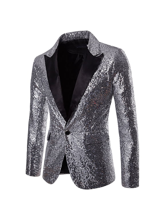 Men's One Button Sequin Dress Suit Jacket Party Long Sleeve Fashion Festival Tuxedo Sport Coat Silver S