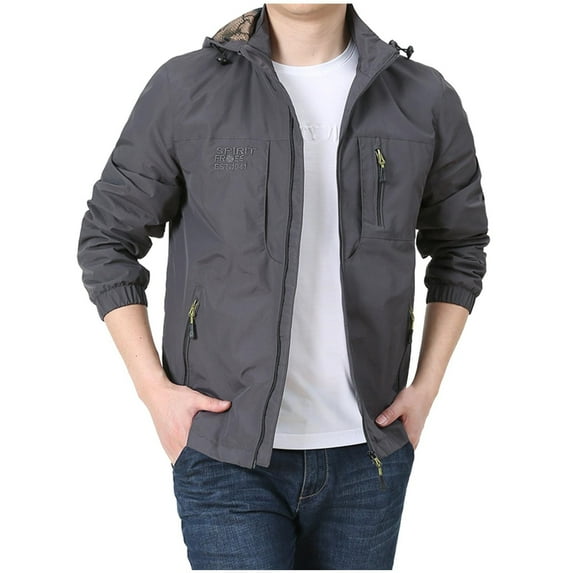 JUUYY Men's Outdoor Water Resistant Quick-Dry Lightweight Packable Windbreaker Solid Color Fashion Jacket with Hood Gray XL