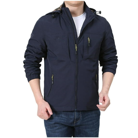 JUUYY Men's Outdoor Water Resistant Quick-Dry Lightweight Packable Windbreaker Solid Color Fashion Jacket with Hood Sapphire Blue M
