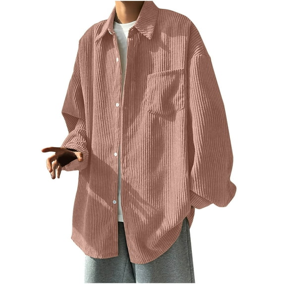 JUUYY Men's Oversized Corduroy Long Sleeve Shirts Tops Comfort Solid Casual Loose Cardigan Button Down Lapel Shirt Pink M