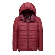 JUUYY Men's Packable Puffer Jacket Lightweight Hooded Zipper Padded Jackets Plus Size Windproof Solid Color Winter Warm Down Coat Wine XXXL