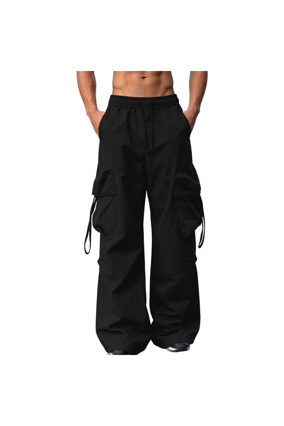 Men's Parachute Pants Straight Leg Casual Baggy Cargo Pants Drawstring Elastic Waist Loose Fit Trouser with Multi Pockets Black XXL