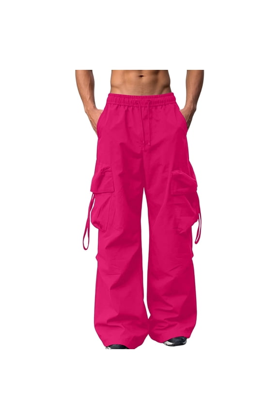 Men's Parachute Pants Straight Leg Casual Baggy Cargo Pants Drawstring Elastic Waist Loose Fit Trouser with Multi Pockets Hot Pink L