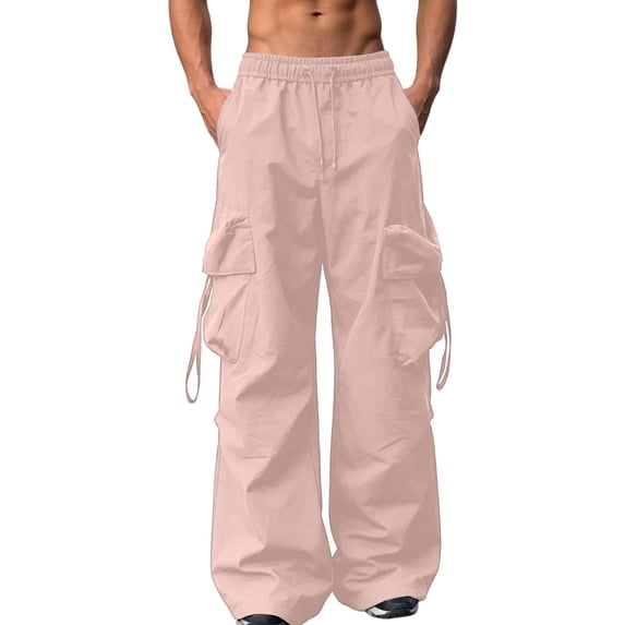 JUUYY Men's Parachute Pants Straight Leg Casual Baggy Cargo Pants Drawstring Elastic Waist Loose Fit Trouser with Multi Pockets Pink XXXL