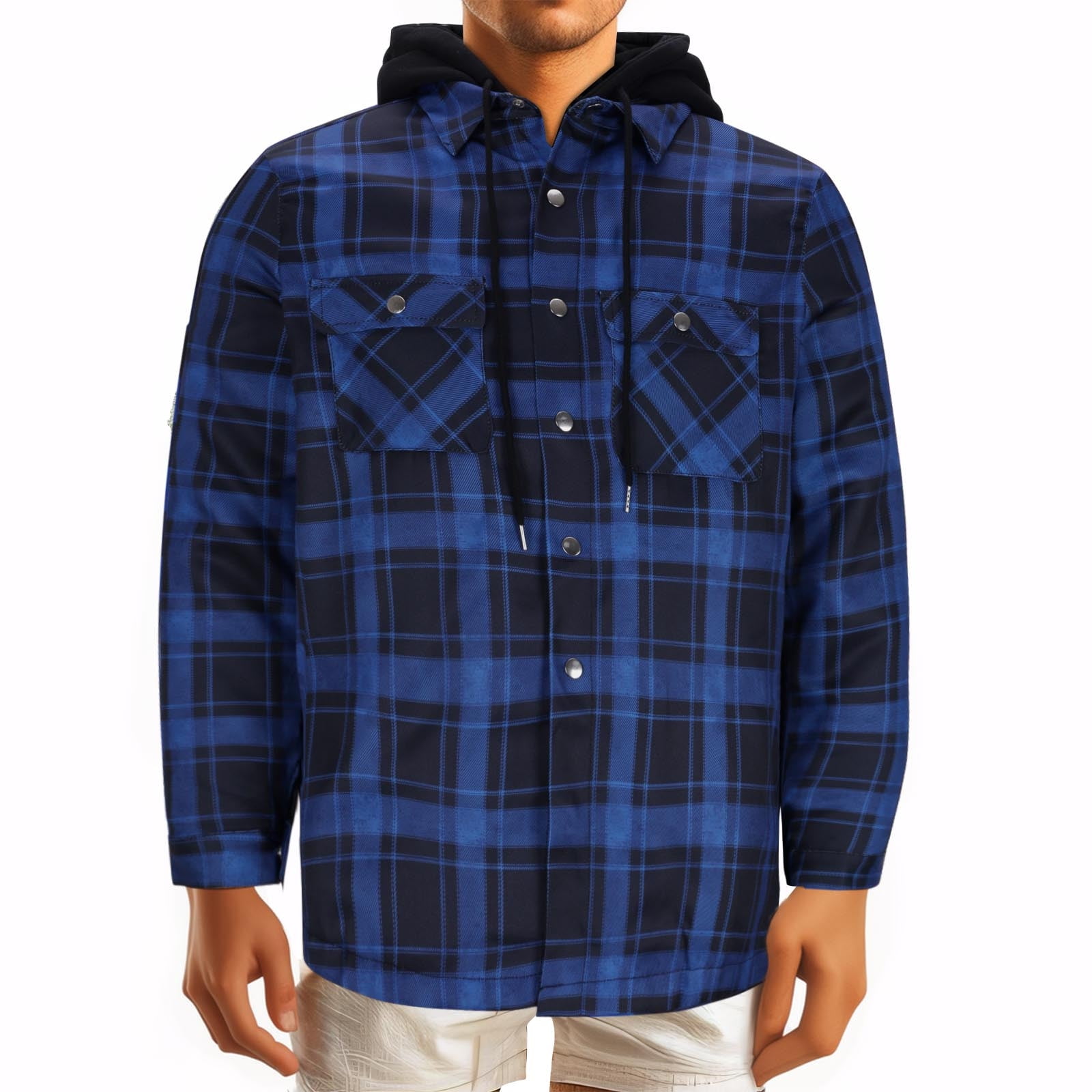 JUUYY Men s Plaid Hoodie Shirts Jacket Casual Shirt Button Down Lightweght Comfortable Thicken Lattice Long Sleeve with Pocket Jacket Dark Blue XXXXL Walmart