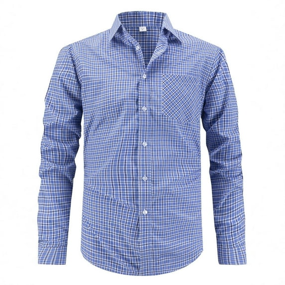JUUYY Men's Plaid Shirt Slim Fit Long Sleeve Button Down Shirt Lapel Collar Business Casual Dress Shirts with Pocket Blue XL