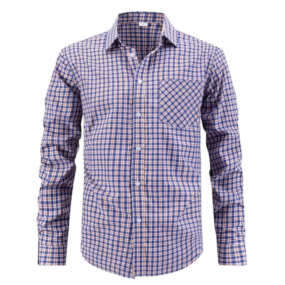 JUUYY Men's Plaid Shirt Slim Fit Long Sleeve Button Down Shirt Lapel Collar Business Casual Dress Shirts with Pocket Navy XL