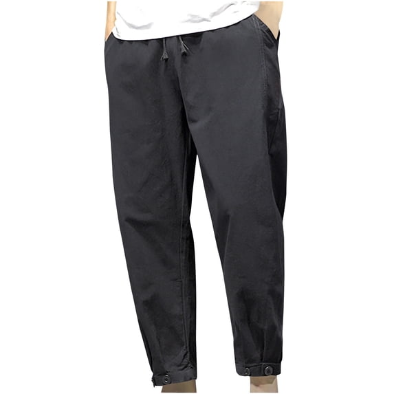 JUUYY Men's Plus Size Cropped Pants Lounge Casual Loose Fit Drawstring Trousers Elastic Waist Capri Solid Color Pants with Pockets Black XXL