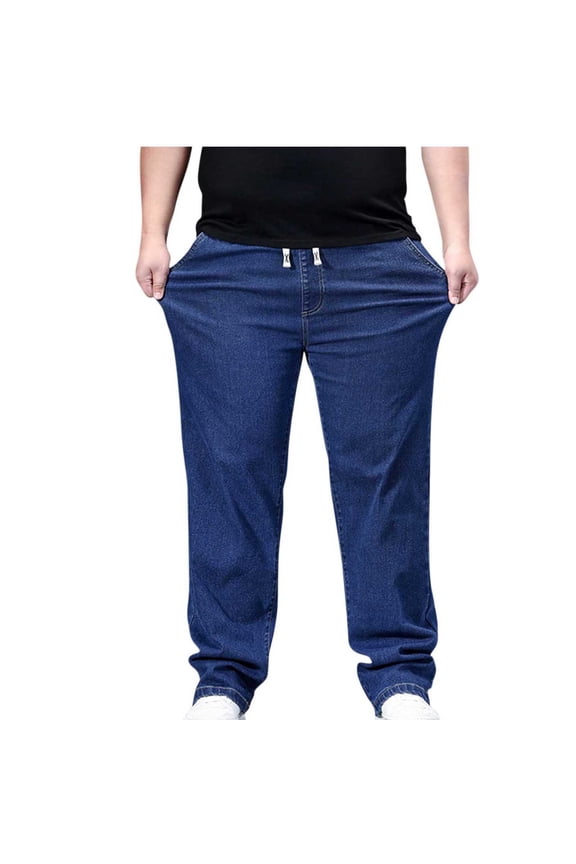 Men's Plus Size Jeans Elastic Waist Baggy Pull On Straight Denim Pants Drawstring Loose Fit Wide Leg Jean Pants with Pockets Blue XXXXXL