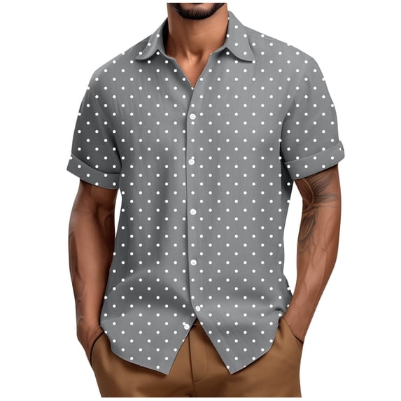 JUUYY Men's Polka Dot Print Button Down Shirts Loose Fit Summer Short Sleeve Casual Lapel Lightweight Comfortable Vacation Beach Shirt Top Gray XXL