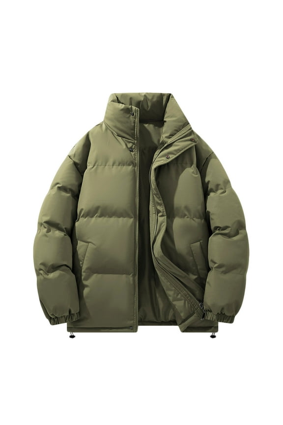 Men's Puffer Jacket Zip Up Stand Collar Long Sleeve Quilted Jacket Waterproof Winter Warm Thicken Jacket Green XL