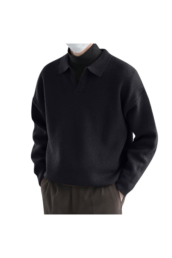 Men's Pullover Sweaters Plain Casual Turndown Collar Long Sleeve Solid Color Trendy Sweater Black XL