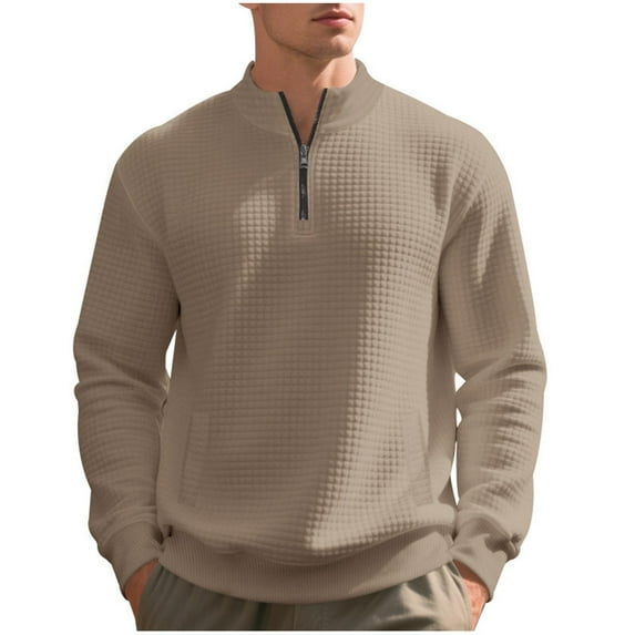 JUUYY Men's Quarter Zip Sweatshirt Mock Neck Textured Long Sleeve Pullover Casual Knit Solid Color Lightweight Sweatshirt Tops Khaki XXL