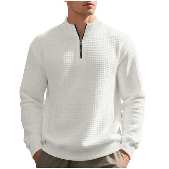JUUYY Men's Quarter Zip Sweatshirt Mock Neck Textured Long Sleeve Pullover Casual Knit Solid Color Lightweight Sweatshirt Tops White M