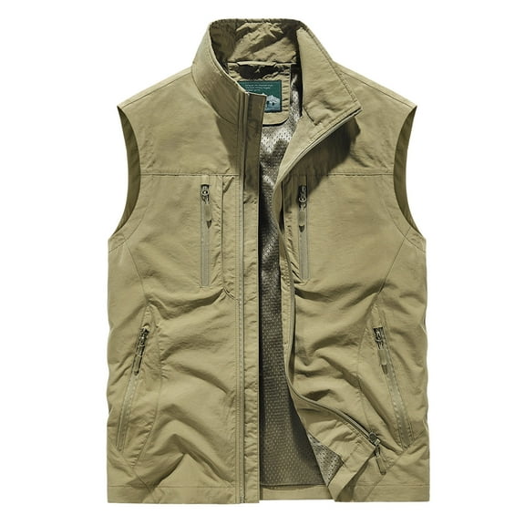JUUYY Men's Quick Drying Work Clothes Lightweight Outdoor Work Vest Sleeveless Solid Color Zipper Waistcoat Vest with Pockets Khaki XXXXXL