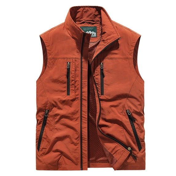 JUUYY Men's Quick Drying Work Clothes Lightweight Outdoor Work Vest Sleeveless Solid Color Zipper Waistcoat Vest with Pockets Wine XL