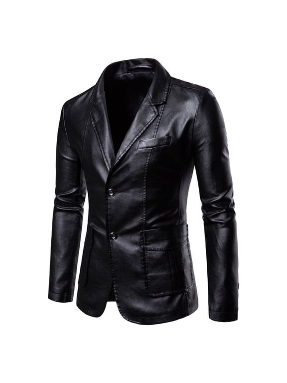 Men's Regular Fit Button Down Lined Business Lambskin Leather Jacket Solid Color Long Sleeve Blazer with Pockets Black XXXXL