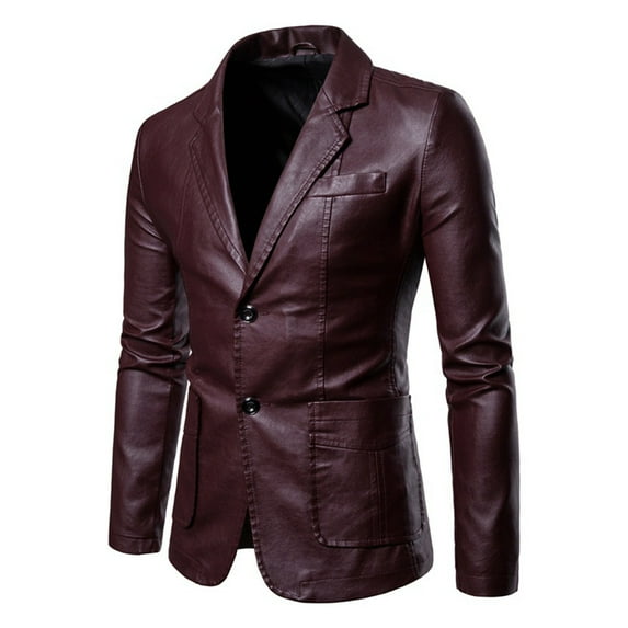 JUUYY Men's Regular Fit Button Down Lined Business Lambskin Leather Jacket Solid Color Long Sleeve Blazer with Pockets Wine XL