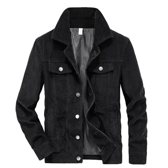 JUUYY Men's Regular Fit Casual Lined Corduroy Jacket Winter Coat Solid Color Lapel Collar Long Sleeve Button Down Work Jacket Black L