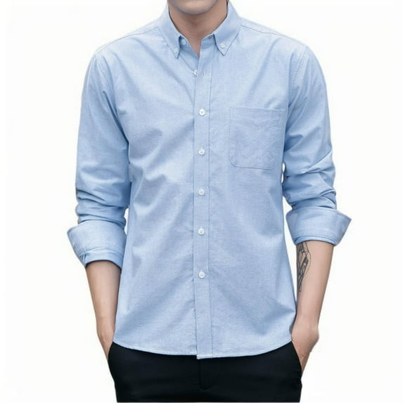 JUUYY Men's Regular Fit Shirts Casual Solid Long Sleeve Business Dress Shirt Slim Lapel Button Down Pocket Tops Blue XXL