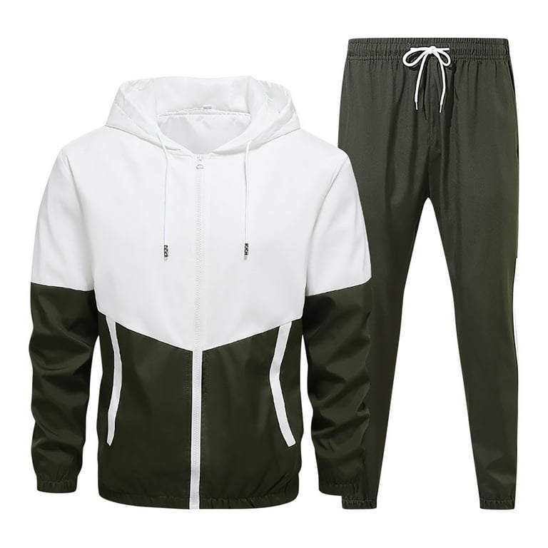 JUUYY Men s Retro Windbreaker Tracksuits Set Long Sleeve Full Zip Running Sports Sweatsuit Color Block Fashion 2 Piece Outfits Army Green XXL
