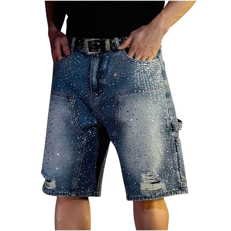 JUUYY Men's Rhinestone Jean Shorts Straight Leg Denim Shorts with