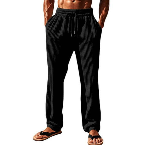 JUUYY Men's Ribbed Knit Pants Athletic Sweatpants Casual Drawstring Running Sports Solid Color Trousers withPockets Black M