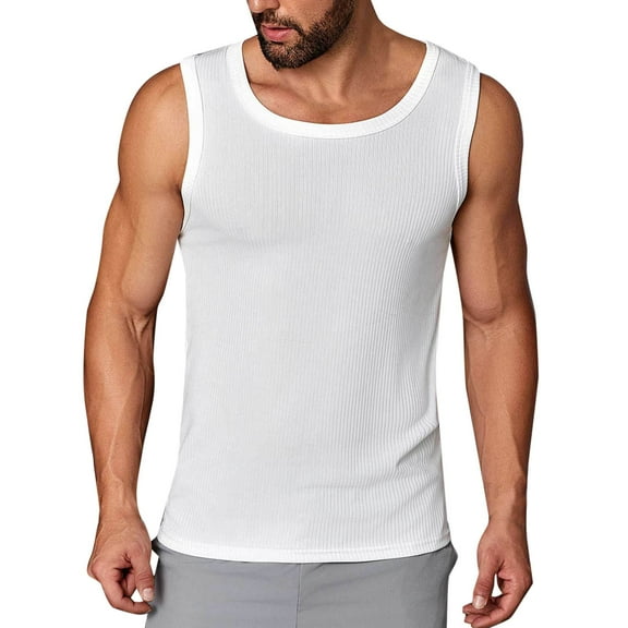 JUUYY Men's Ribbed Tank Top Casual Solid Color Sleeveless Shirts Fitted Muscle Tank Tops Sport Round Neck T-Shirt White M