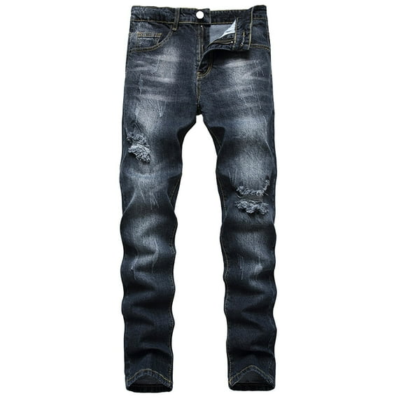 JUUYY Men's Ripped Slim Fit Straight Leg Jean Denim Pant Black 42