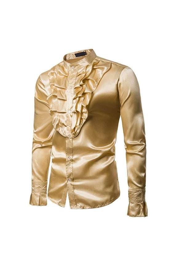 Men's Satin Shirts Band Collar Long Sleeves Ruffled Gothic eShirts Brown M
