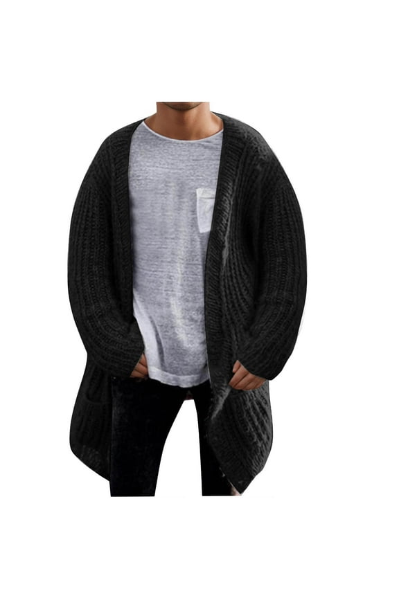 Men's Shawl Collar Long Cardigan Sweater Heavyweight Knit Open Front Outerwear Casual Chunky Cable Solid Color Cardigan Clothes Black XXXL