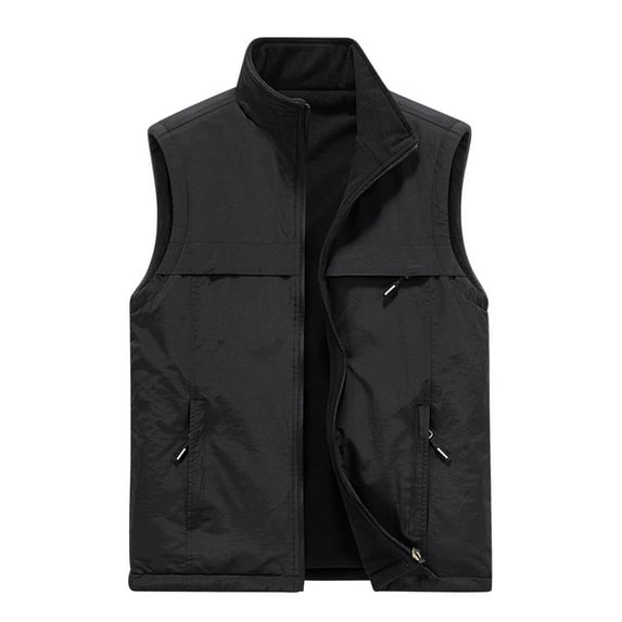 JUUYY Men's Sherpa Lined Mountain Vest Outdoor Fishing Utility Cargo Vest Zip Up Solid Color Sleeveless Vest Jacket with Pockets Black XXL