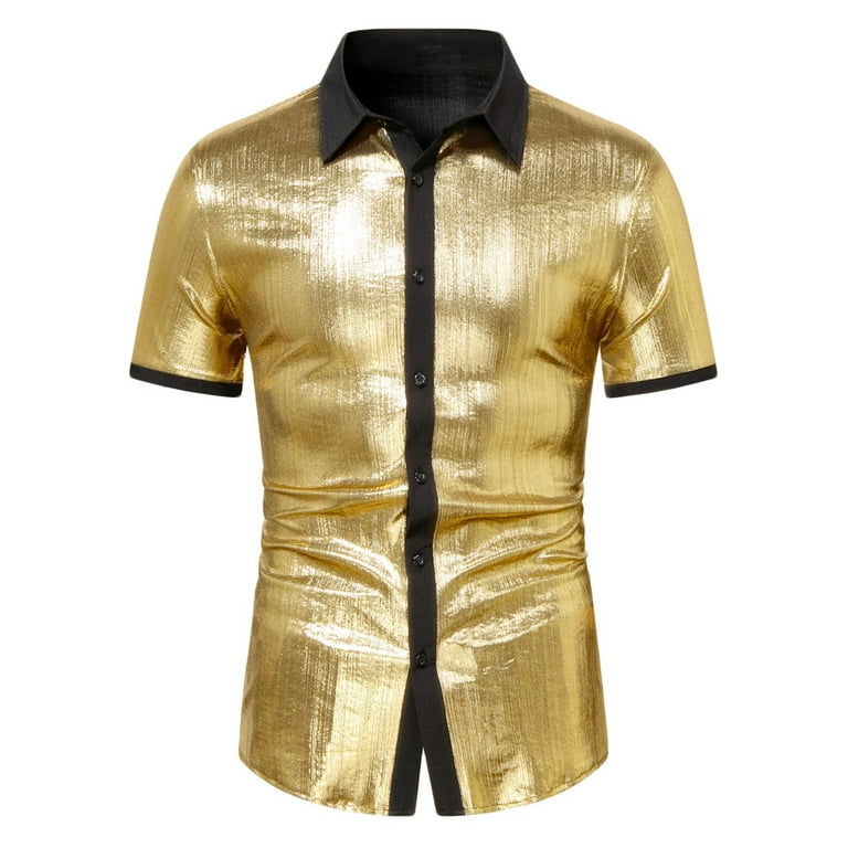 JUUYY Men s Shiny Lapel Short Sleeve Button Down Dress Shirt Summer Slim Fit Solid Color Shirts Top for Nightclub or Party Wear Gold XL