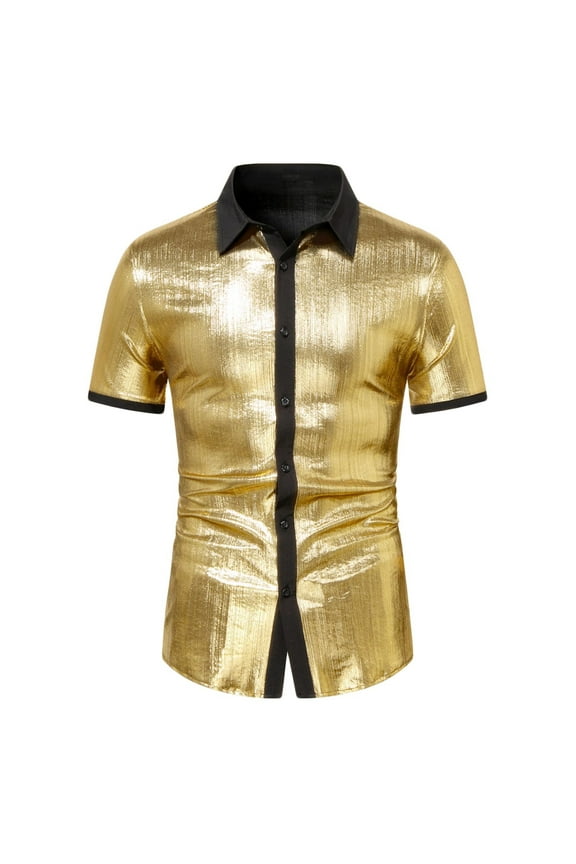 Men's Shiny Lapel Short-Sleeve Button-Down Dress Shirt Summer Slim Fit Solid Color Shirts Top for Nightclub or Party Wear Gold XL