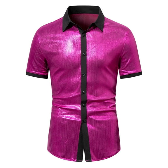 JUUYY Men's Shiny Lapel Short-Sleeve Button-Down Dress Shirt Summer Slim Fit Solid Color Shirts Top for Nightclub or Party Wear Hot Pink XL