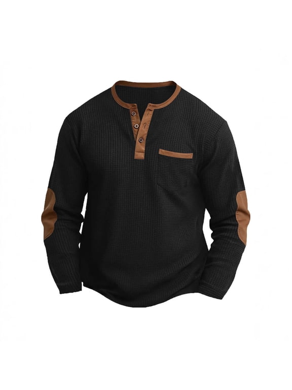 Men's Shirt Button Up Crew Neck Textured Loose Long Sleeve Lightweight Casual Vintage Pullover Shirt Tops with Elbow Patch Black L