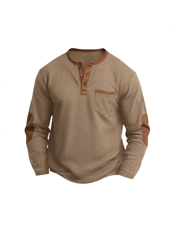 Men's Shirt Button Up Crew Neck Textured Loose Long Sleeve Lightweight Casual Vintage Pullover Shirt Tops with Elbow Patch Khaki M
