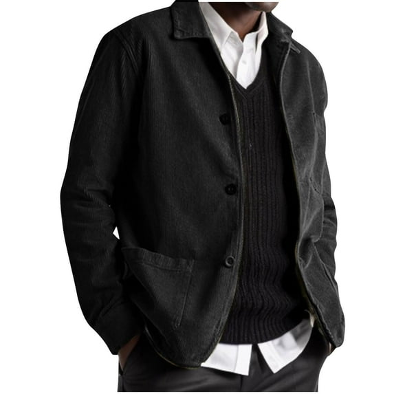 JUUYY Men's Shirt Jacket Solid Color Button Coat Pocket Long Sleeve Hoodless Coat Cotton Lightweight Fashion Jackets with pocket Black L