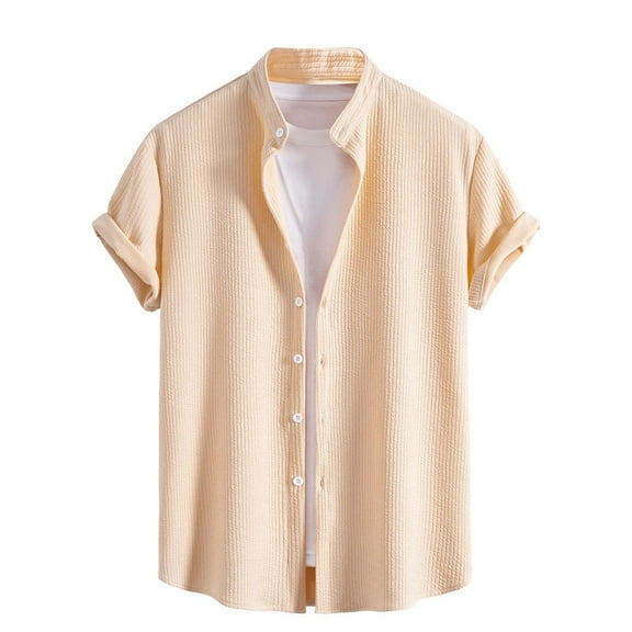 JUUYY Men's Shirt Ribbed Knit Stand Collar Button Down Shirts Short Sleeve Business Casual Breathable Stretch Office Blouse Tops Khaki XXL