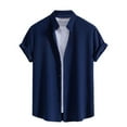 thumbnail image 1 of JUUYY Men's Shirt Ribbed Knit Stand Collar Button Down Shirts Short Sleeve Business Casual Breathable Stretch Office Blouse Tops Navy S, 1 of 8