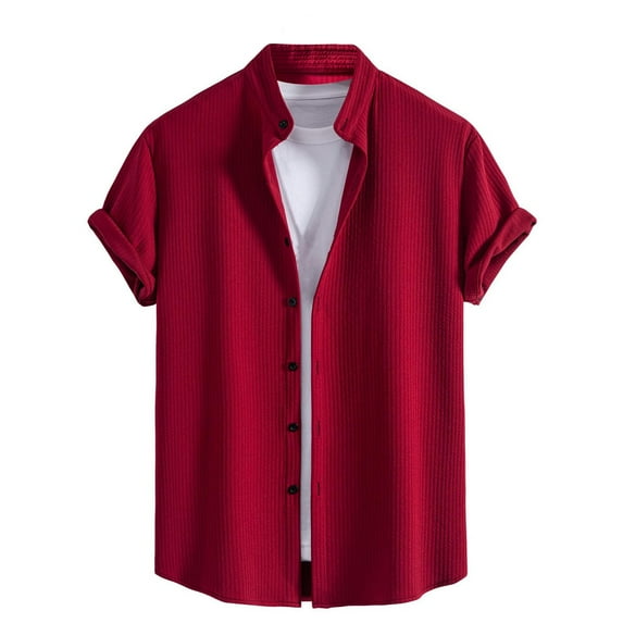 JUUYY Men's Shirt Ribbed Knit Stand Collar Button Down Shirts Short Sleeve Business Casual Breathable Stretch Office Blouse Tops Red XL