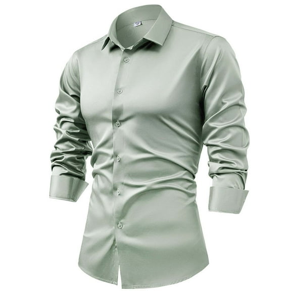 JUUYY Men's Shirts Four Side Silk Solid Long Sleeve Business Dress Shirts Slim Lapel Button Down Formal Shirt Mint Green XXL