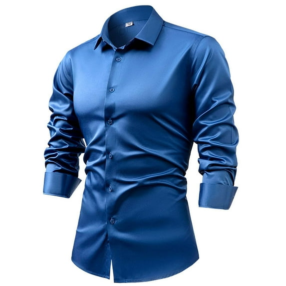 JUUYY Men's Shirts Four Side Silk Solid Long Sleeve Business Dress Shirts Slim Lapel Button Down Formal Shirt Sky Blue M