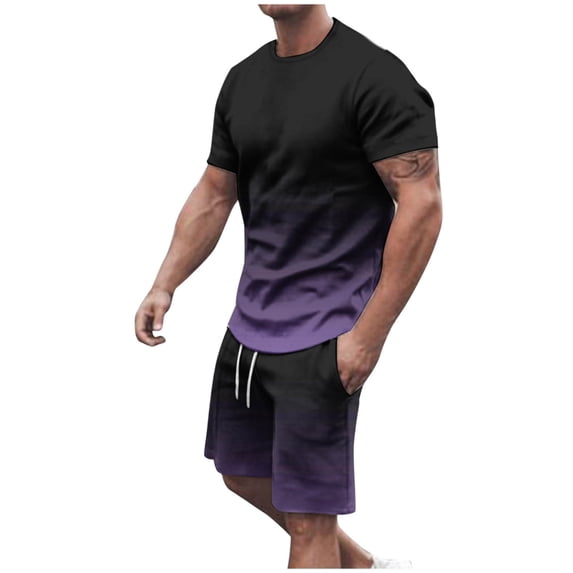 JUUYY Men's Short Sets 2 Piece Outfits Gradient Color Short Sleeve Crewneck T Shirt and Drawstring Shorts Set Casual Sport Sweatsuit Purple XXXXL